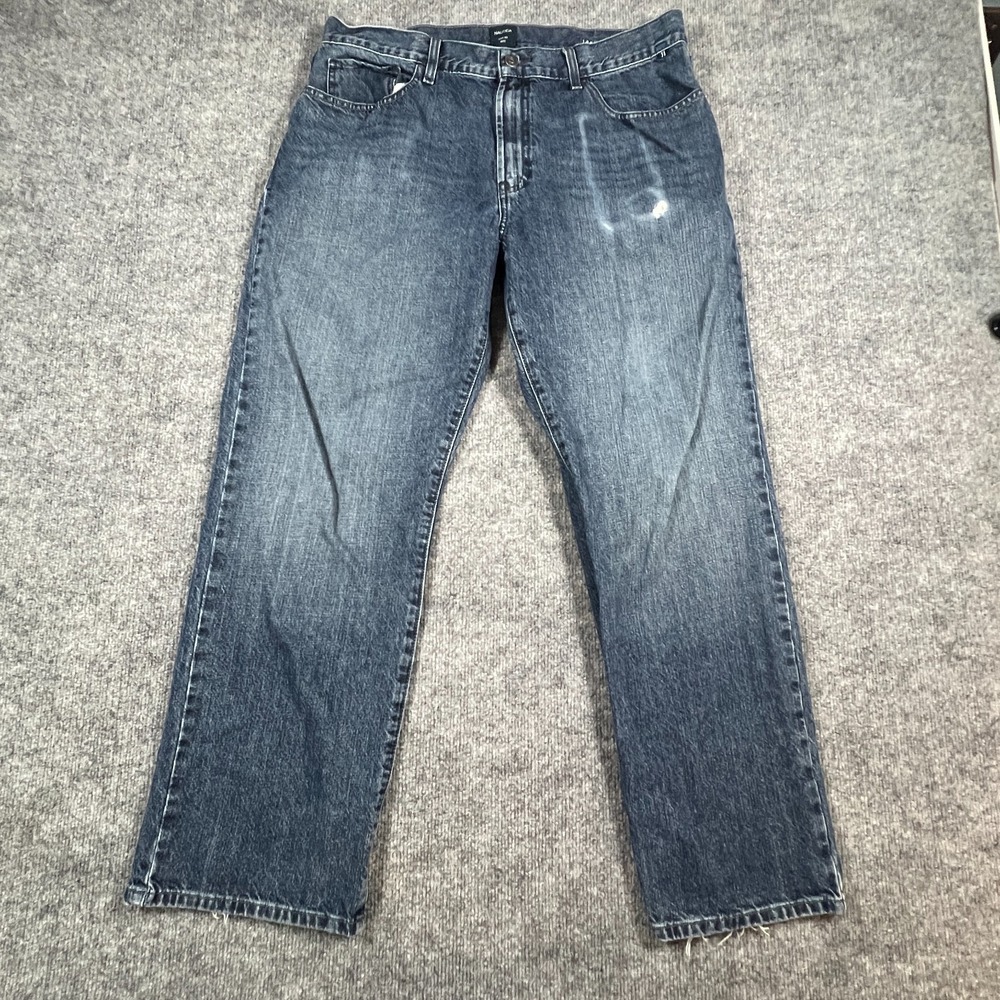 Nautica Loose Fit Straight Leg Jeans Mens 34x30 Blue Cotton Mid Rise Medium Wash